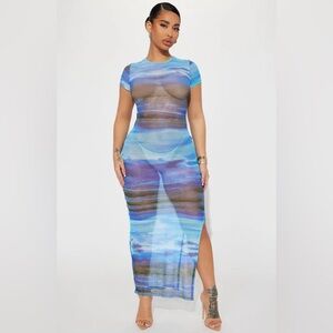 Mesh Blue Ocean Print Women's Swim Dress